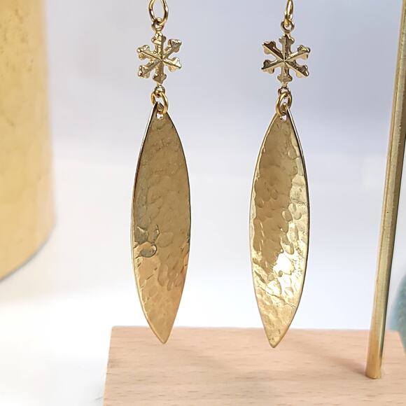 Gold Hammered Dangle Earrings with Snowflake Charm, Boho Chic Jewelry Design - Picture 6 of 10